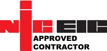 A red and black logo for a construction company.